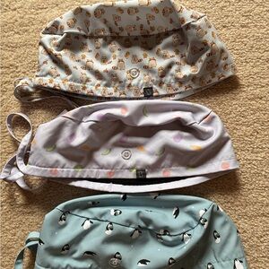 Capy Classic Scrub Caps, set of 3–penguin antics, veggie woes, and raccoons.